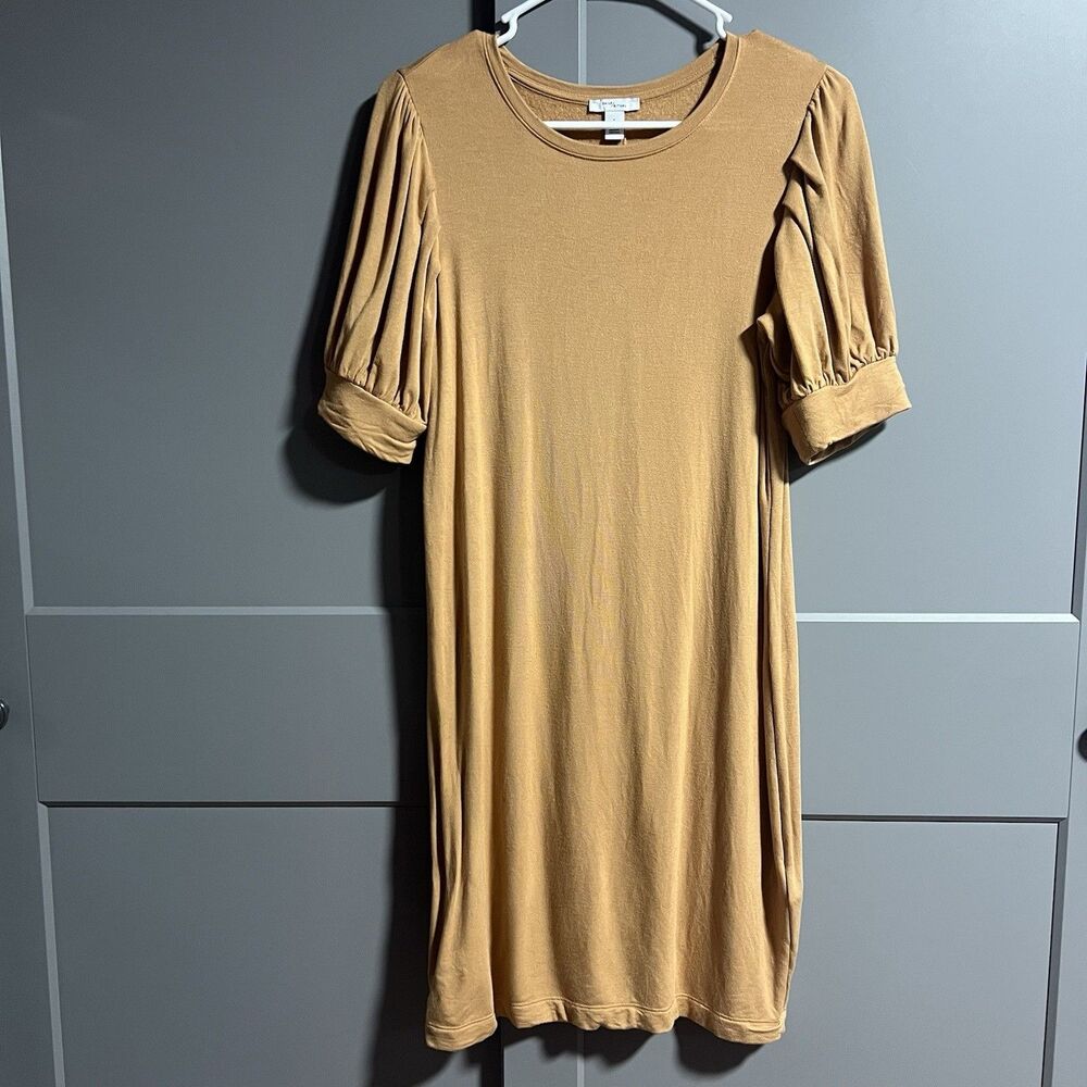 Daily Ritual Puff Sleeve Stretch Midi Dress Dark Yellow Small Minimal Lagenlook